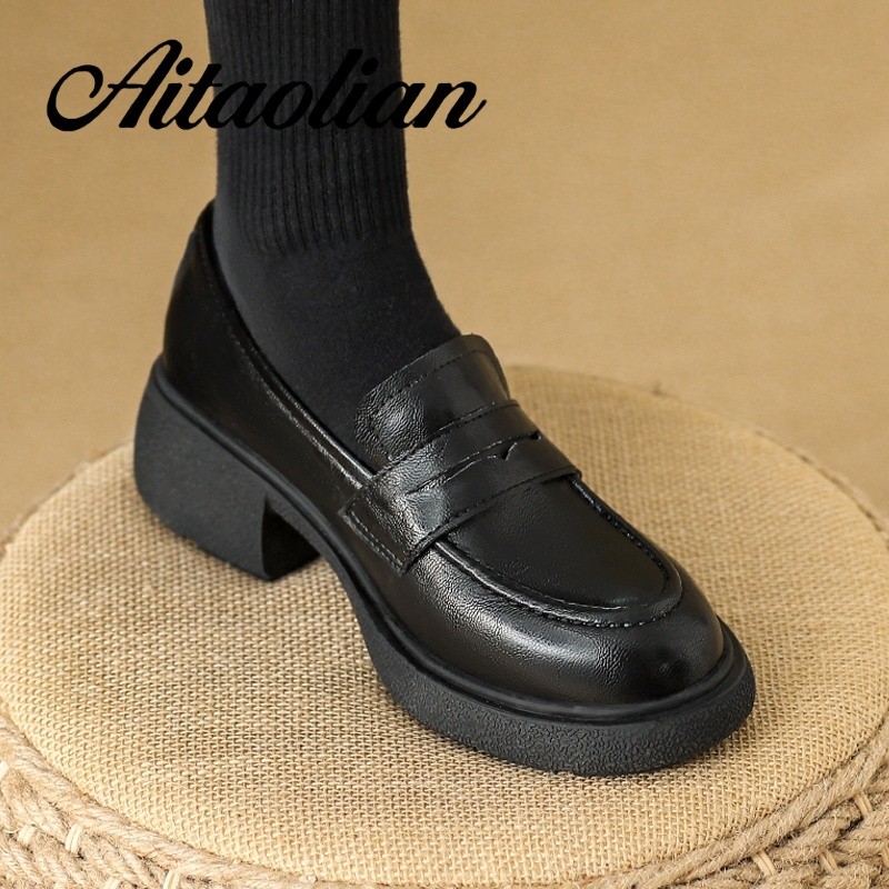 (Size 35-40) Da Thật Chính Hãng 5cm Brogue Khắc Giày Nữ Đế Giày Nữ Giày Nữ Phong Cách Anh Da Nữ Giày