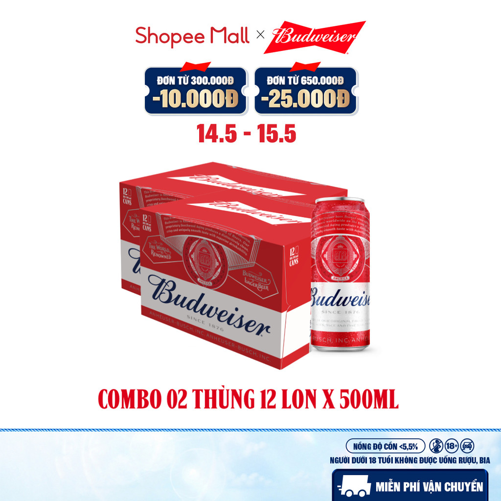 Nồng Độ Cồn 5.0% - Combo 2 Thùng 12 Lon Bia Budweiser (500ml/lon)