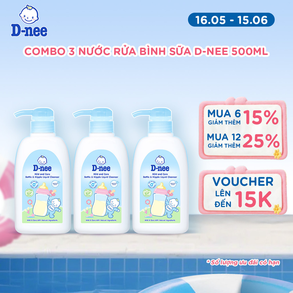 Combo 3 Nước rửa bình sữa D-nee, chiết xuất dưa leo, an toàn lành tính, khử khuẩn hiệu quả 500ml