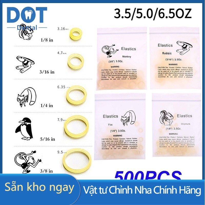 Túi 500 Chun Liên Hàm Niềng Răng Size 1/4, 1/8, 3/8, 3/16 5/16 Chun liên hàm, thun kéo niềng răng, c