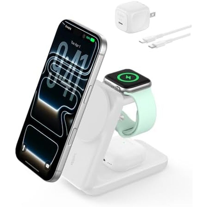 Bộ sạc Belkin MagSafe Tương thích, Trạm sạc 3 trong 1, Đế sạc không dây từ tính Qi2.2 25W, Đế sạc có