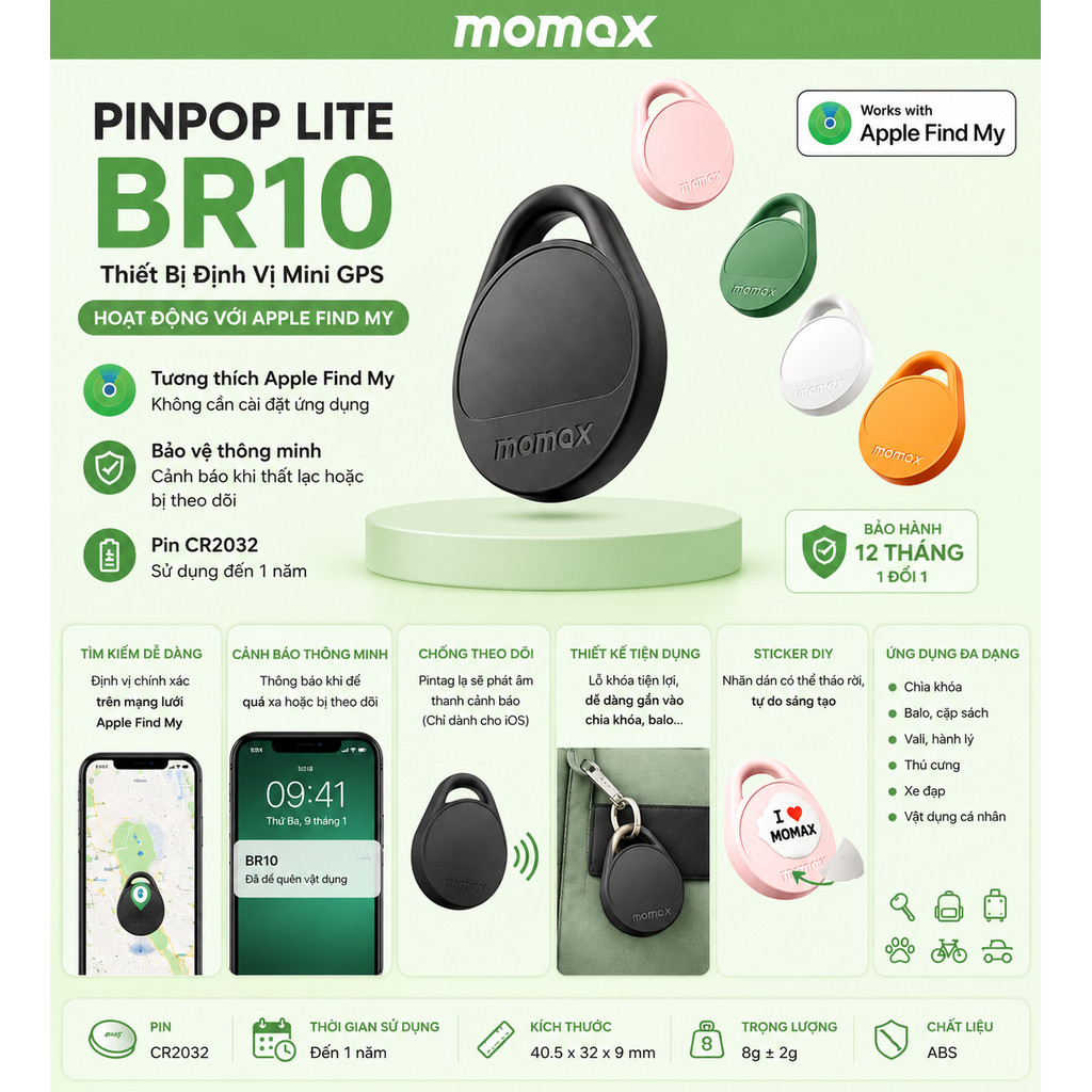 Thiết Bị Định Vị Mini GPS MOMAX BR10 Pinpop Lite | Cảnh Báo Thông Minh | Pin CR2032 | Nhiều màu sắc