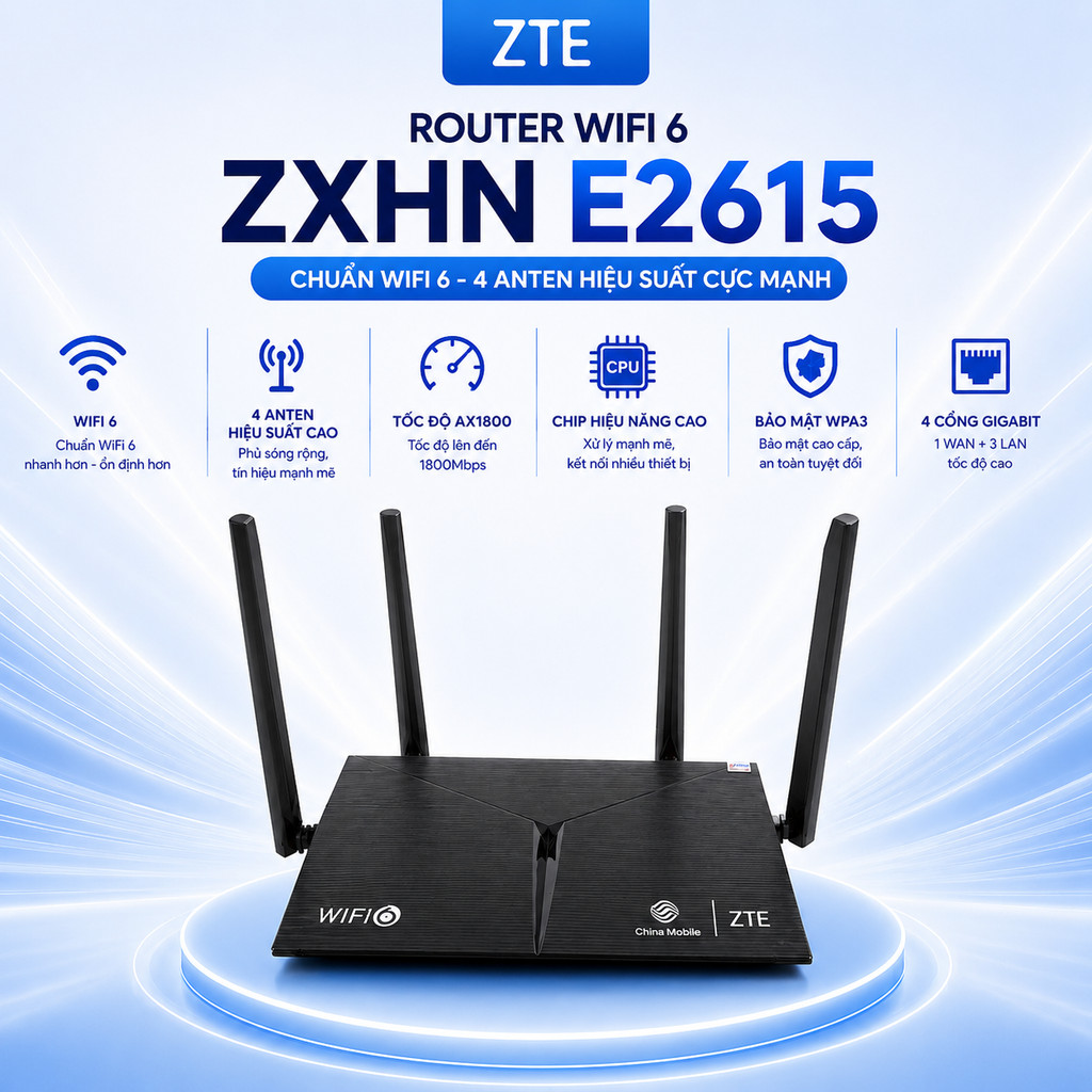 Bộ Phát Wifi6 ZTE E2615 / E2603 / E1600 E2615 chuẩn Ax1800Mbps -Hỗ trợ Mesh ( Qua sử dụng )