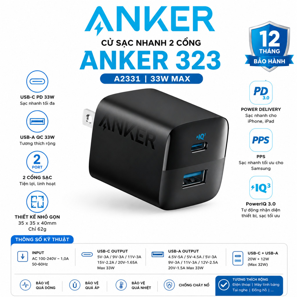 [GIAO HỎA TỐC] Củ Sạc Anker 323 2 Cổng 33w PD3.0/PPS/QC3.0 - Anker A2331 BH12TH