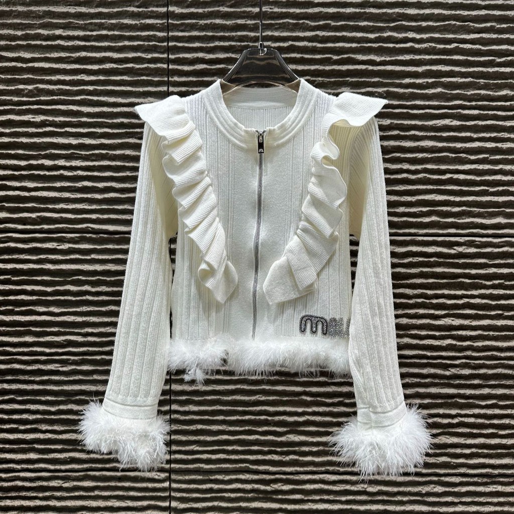 LPIO MIUMIU Autumn Winter New Ruffled Lace Cuff Frayed Cardigan Fashion Versatile