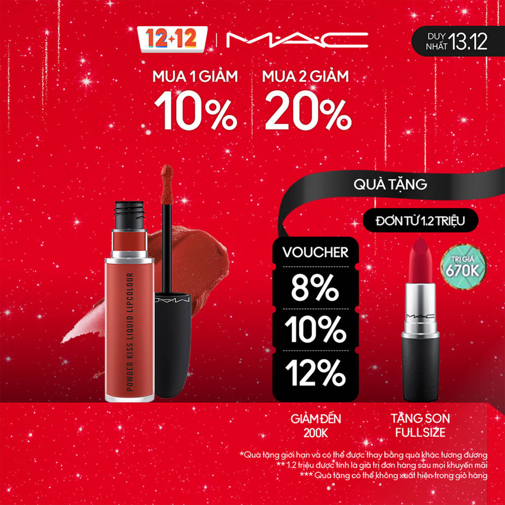 Son kem MAC Powder Kiss Liquid Lipcolour cho hiệu ứng màu mịn màng, làm mờ vân môi và dưỡng ẩm môi suốt 10H