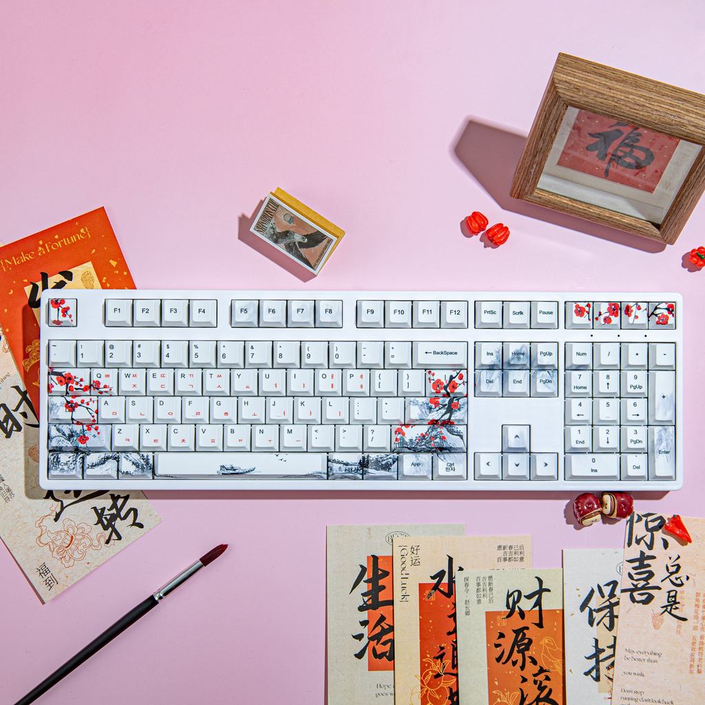 NEWKRA Plum Blossom Theme KC108 108 Phím Bàn phím cơ xoay nóng, Đèn nền RGB phong cách Trung Quốc, B
