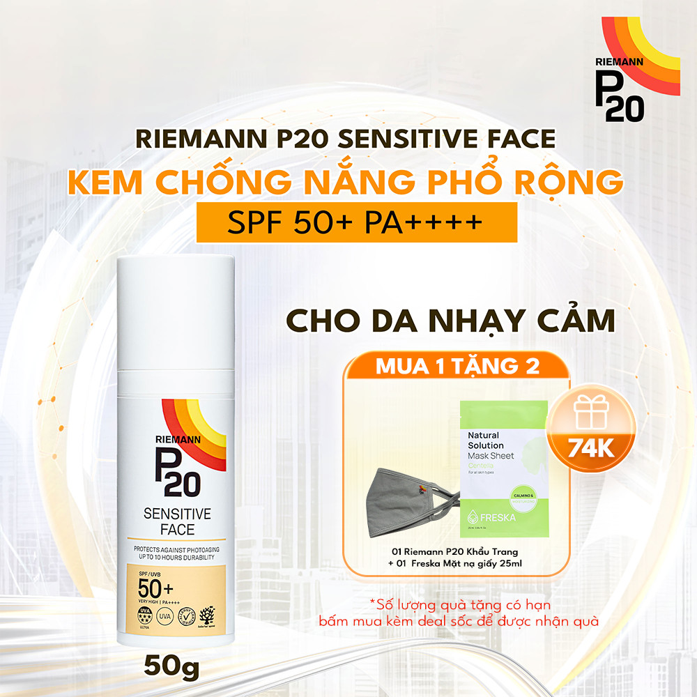 Kem chống nắng phổ rộng Riemann P20 Sensitive Face SPF 50+ PA ++++ dành cho da nhạy cảm 50g