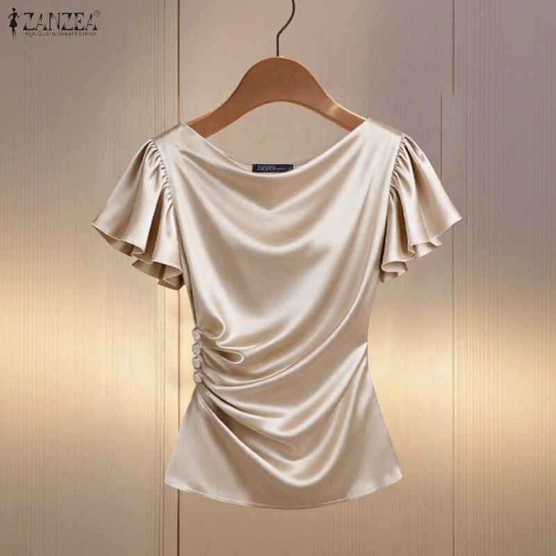 ZANZEA Nữ Vintage Thanh Lịch Sang Trọng Cổ Xoay Ruffle Tay Áo Xếp Ly Satin Chắc Chắn Áo | BigBuy360 - bigbuy360.vn