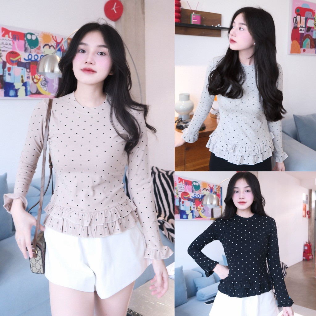 Áo thun tay dài chấm bi lai bèo QN wear nữ tính, áo cách điệu đi làm đi chơi cho nữ