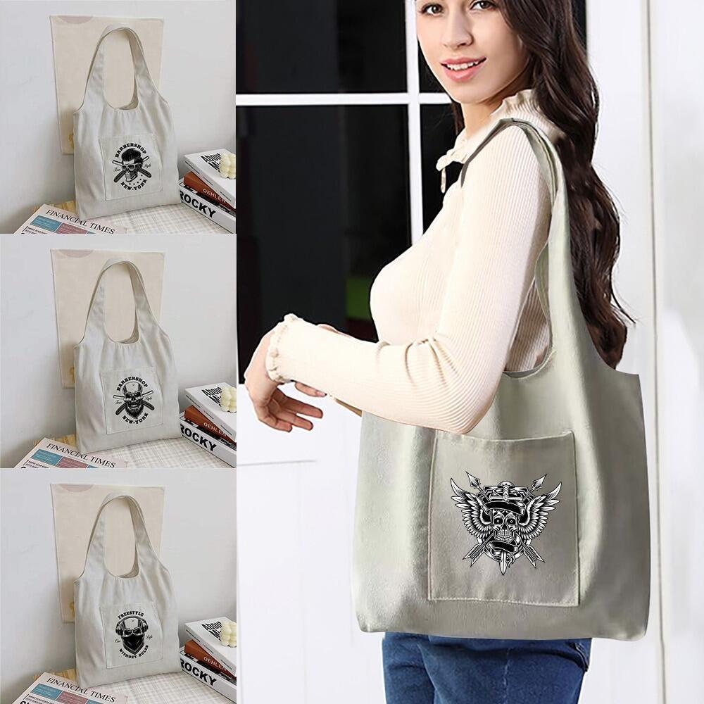 Women Shopper  Bag Canvas Tote Bag Fashion Skull  Bag Reusable Supermarket Tote Shopping Bag Casual