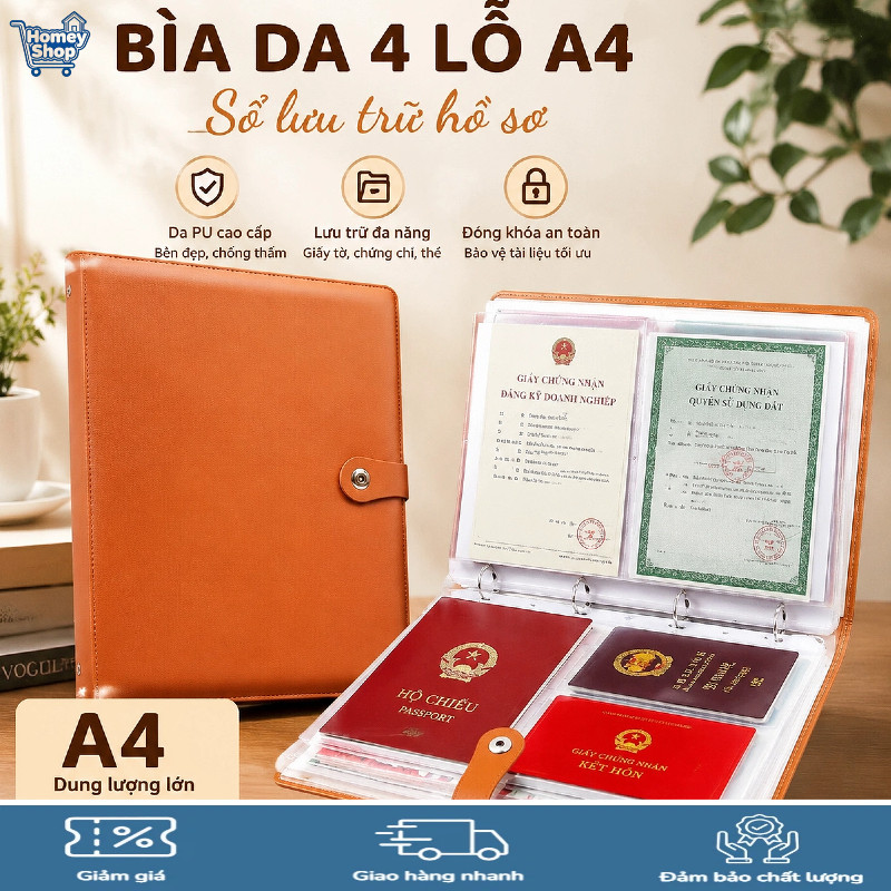 HomeyShop-Sổ còng bìa da A4,Da PU dày chất lượng cao,nhiều mẫu trang bên trong,Lưu trữ tài liệu văn 