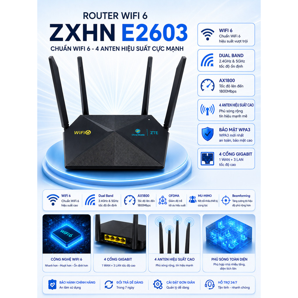 Bộ phát wifi 6 ZTE tplink  ruijie  360 E2615 / E2603 / E1600 E2633 2862 5264 ax1800 ax3000  2 băng t