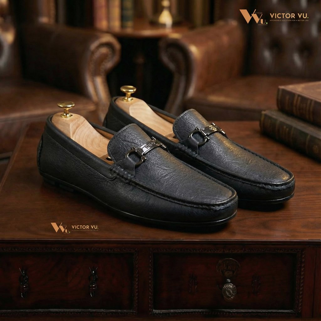 Giày lười Mocca Victor Vu nam đen nhám khâu thủ công