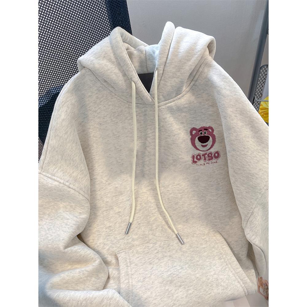 Couple hoodie with Strawberry Bear (Lotso) print, streetwear style, oversized lazy style, thick fabr