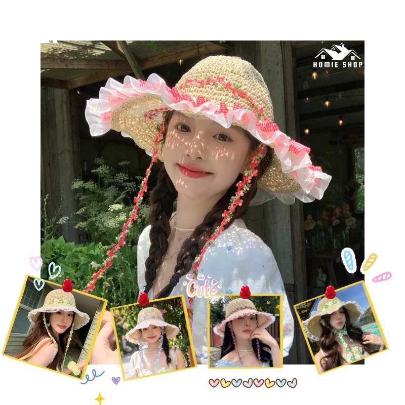 Mũ cói đi biển vintage, viền rộng phối ren xinh xắn, style hàn quốc xinh xắn Homieshop