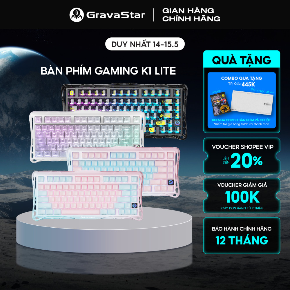 Bàn phím cơ Gaming Gravastar Mercury K1 Lite - 3 mode kết nối, Hot Swap, Linear Switch, Bảo hành 12 
