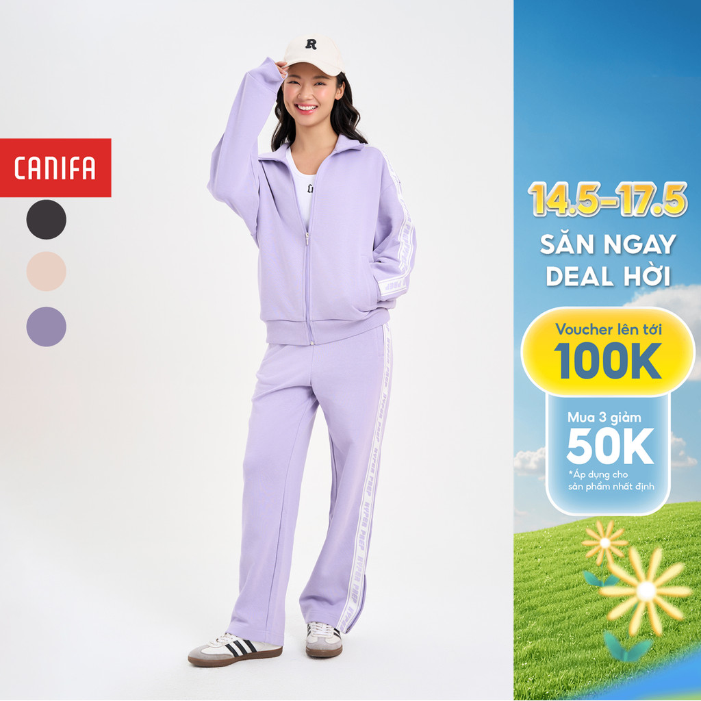 Bộ quần áo nỉ nữ CANIFA áo dài tay phôi viền quần dài ống suông 6ST24W003