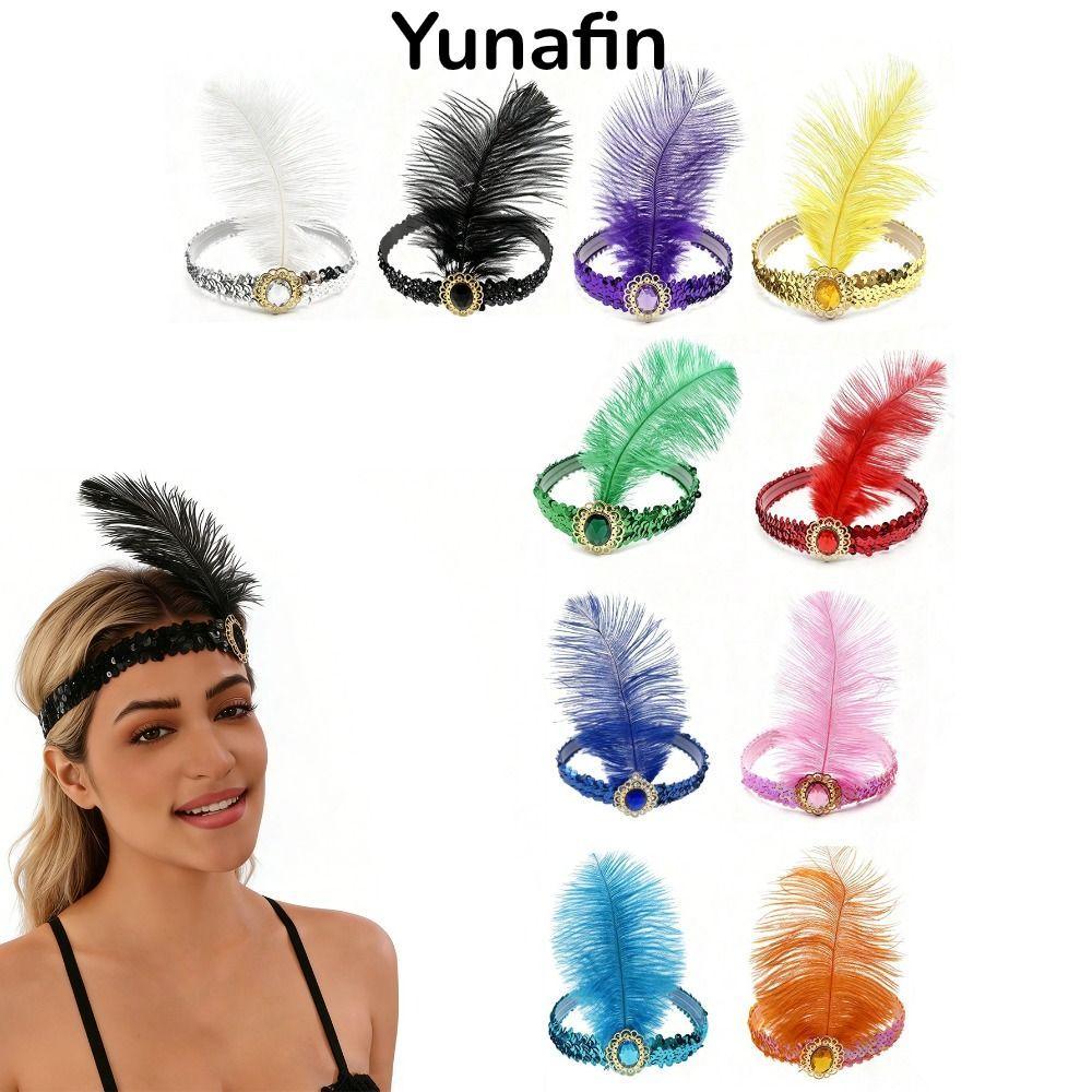 Băng đô Flapper YUNAFIN thập niên 1920, Mũ đội đầu lông vũ lấp lánh, Vintage thanh lịch với Gem Gats