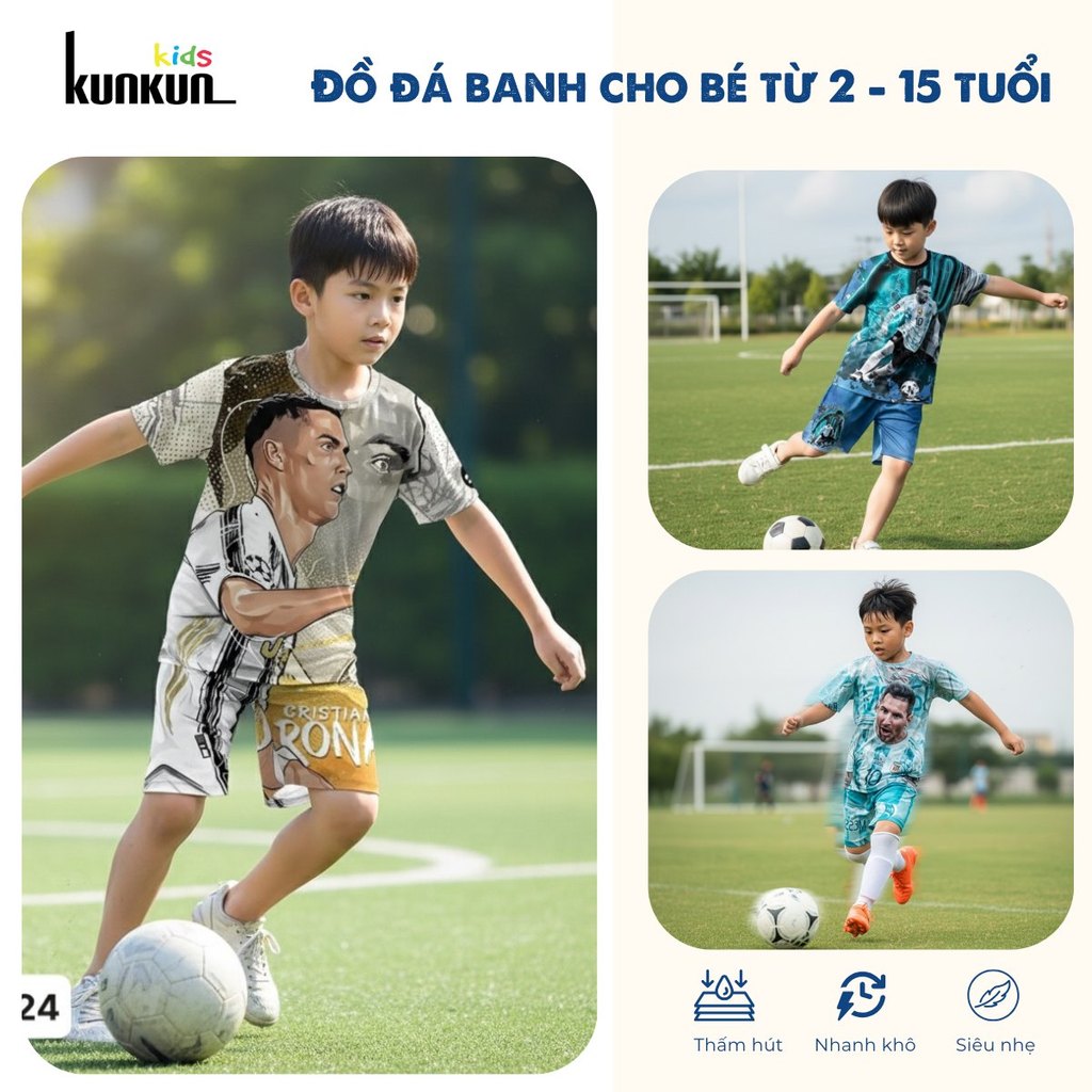 Đồ bộ đá banh bé trai cầu thủ Messi, Ronaldo co giãn tốt, thấm mồ hôi mặc nhà TT0021 10-60kg