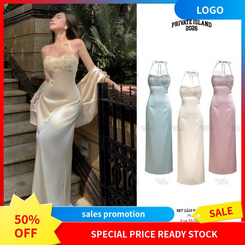 [TẶNG KÈM MÚT] Đầm Lụa Hở lưng FLORAL  phối Ren hoa Kim sa tôn dáng FFCLUB - Đầm lụa dự tiệc, tốn dá