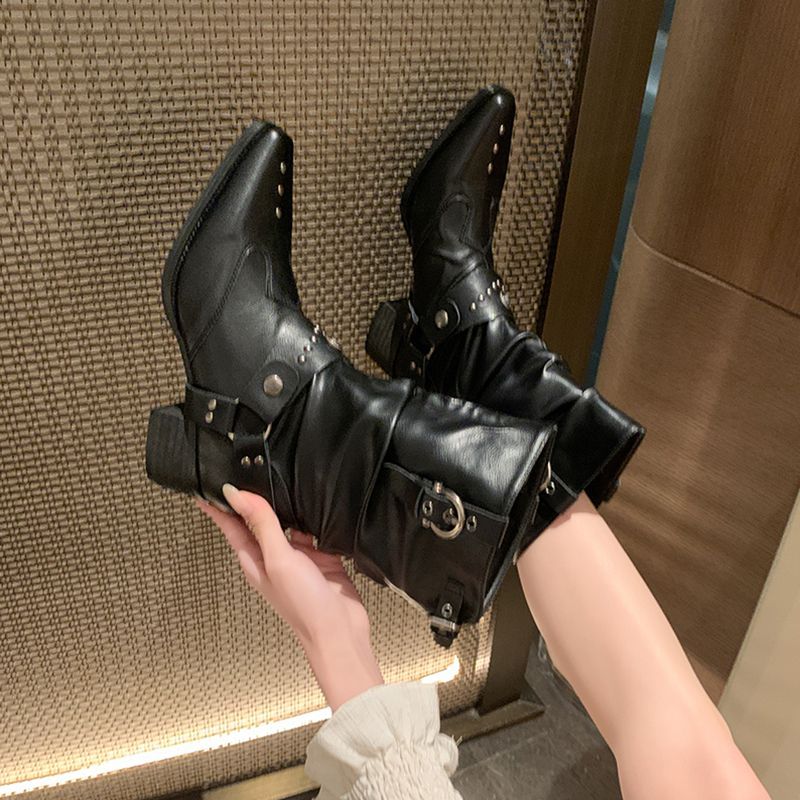 Niche Design Rivets Western Cowboy Short Boots Nữ Gót Dày Đế Dày Đen Phù Hợp Với Mũi Nhọn Hiệp Sĩ Bo