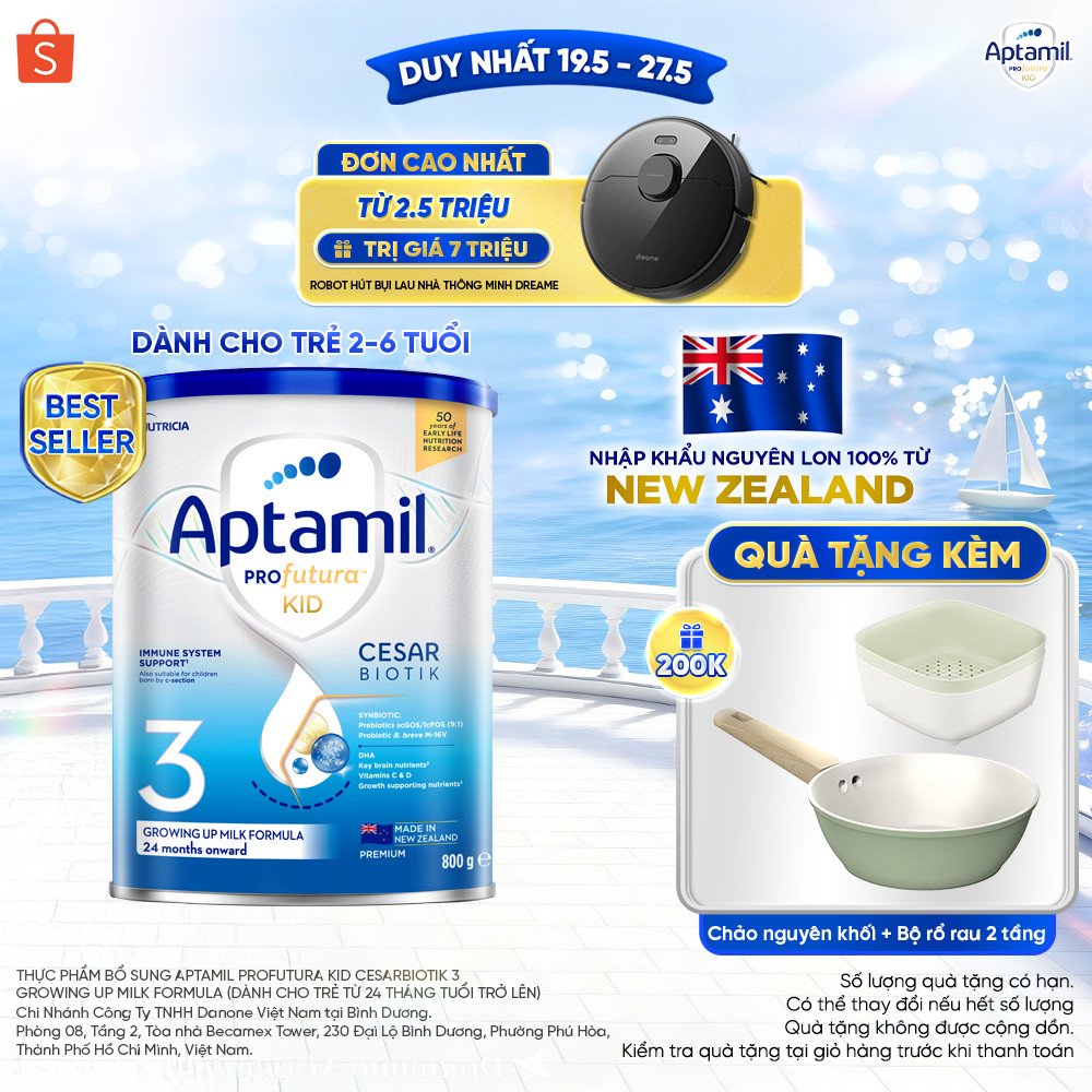 [MUA LÀ CÓ QUÀ] Sữa bột Aptamil Kid Cesarbiotik New Zealand số 3 (800g) cho bé 2-6 tuổi_LS2