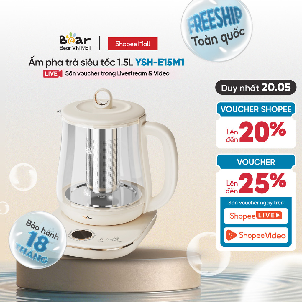 Ấm Đun Pha Trà 1.5L Siêu Tốc Bear YSH-E15M1 - Hàng Chính Hãng