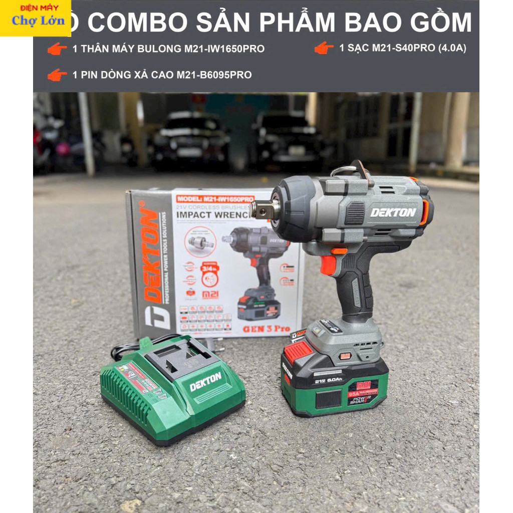Combo Máy Siết Mở Bulong Dekton M21-IW1650PRO - Pin Sạc M21-B6095PRO - Búa Âm - Lực Siết 1650N Điện 