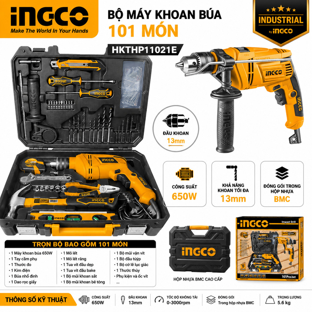 650W Bộ máy khoan búa 101 món 650W INGCO HKTHP11021E