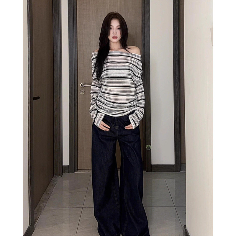Striped off-shoulder long-sleeve top T Women's Early Autumn Casual Off-Shoulder Top