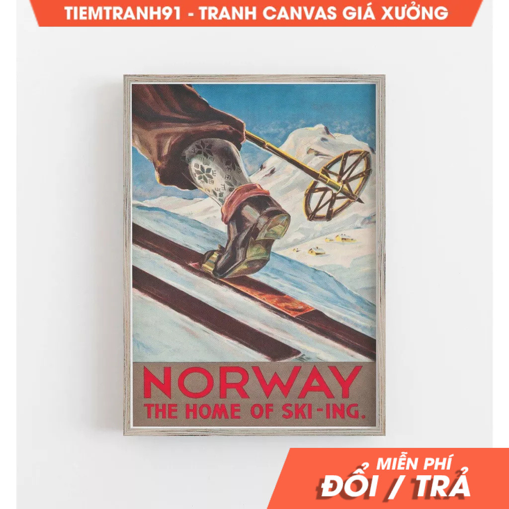 Tranh treo tường, Norway Wall Art, Vintage Ski Poster, Winter Art, Norway Poster, Home of Skiing, tặ