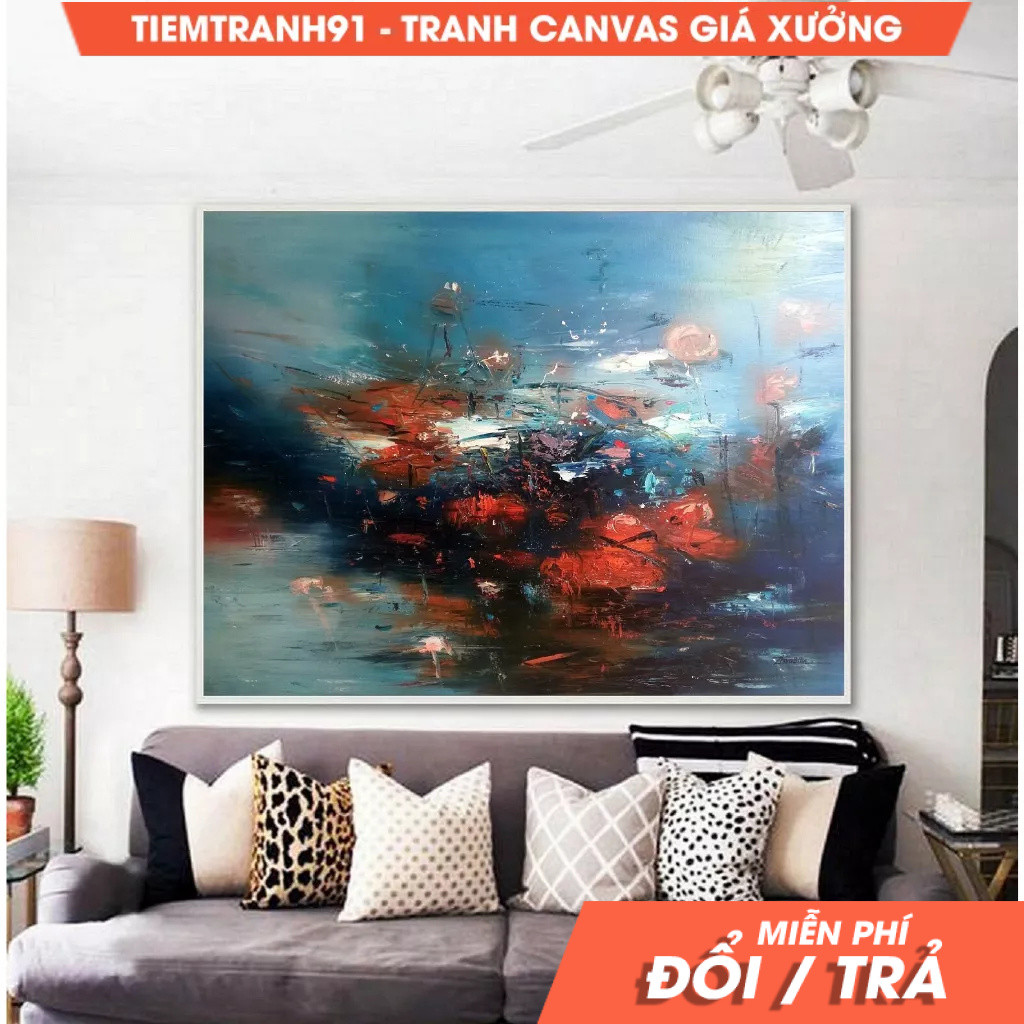 Tranh treo tường, Large Abstract Painting, Blue Abstract Painting, Large Wall Art Abstract Painting,