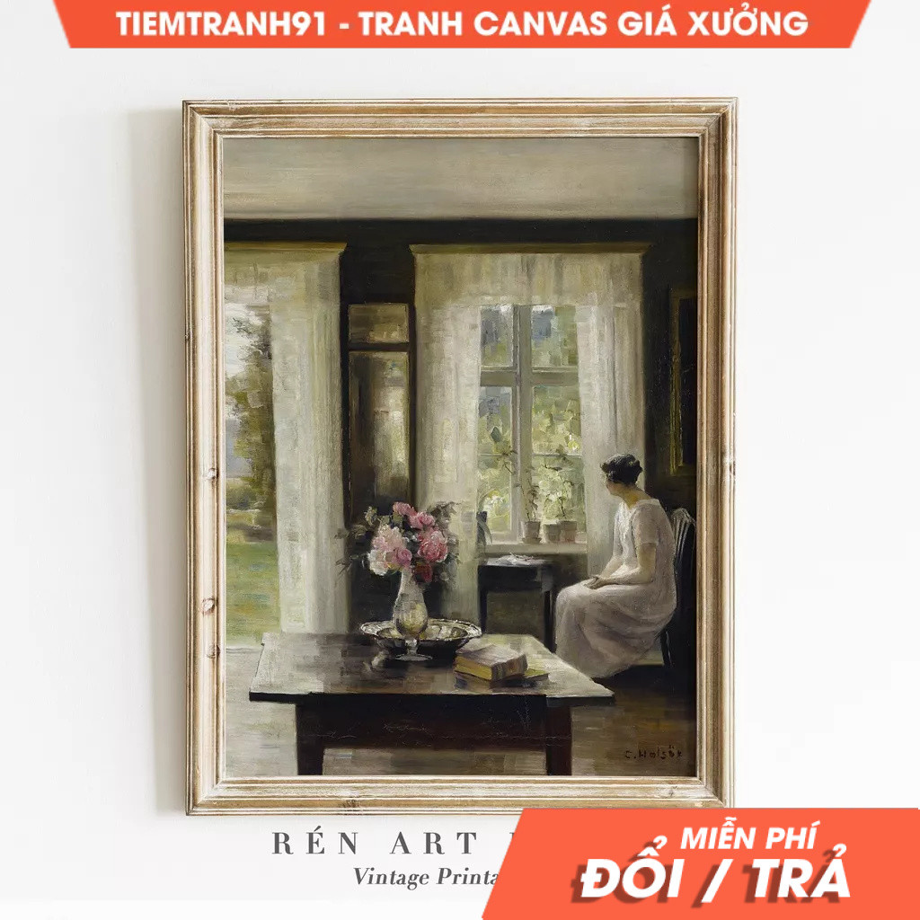 Tranh treo tường, Vintage Woman Painting Antique Interior Scene Painting Wall Art 19th Century Woman