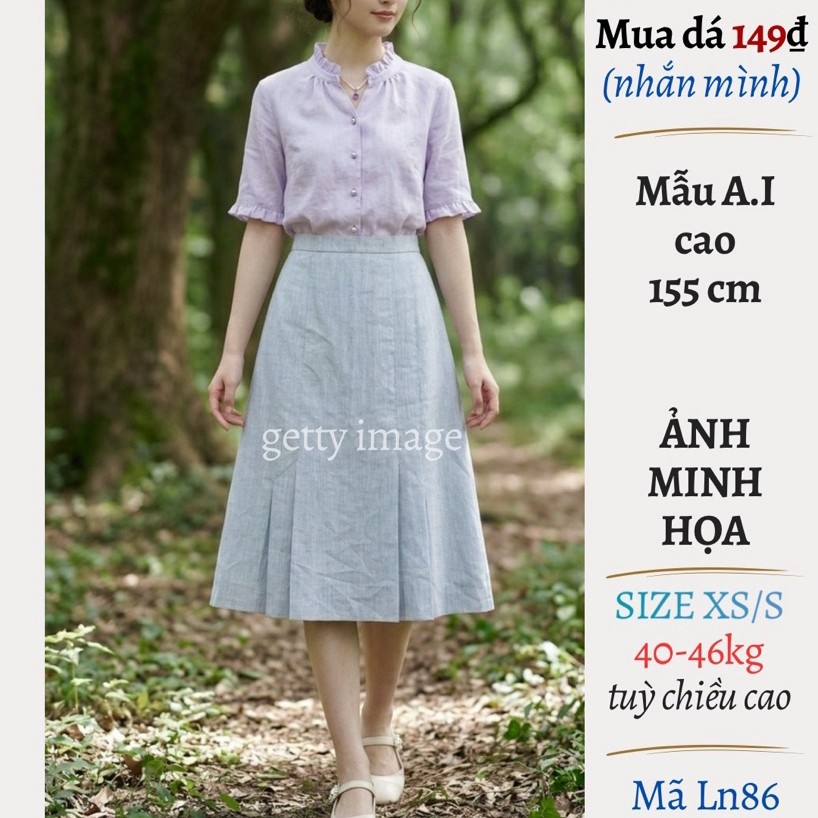 1️⃣4️⃣9️⃣ [Used Nhật] Chân váy linen pha, A xếp ly, poly phối linen, màu xanh pastel, size XS-S (40-