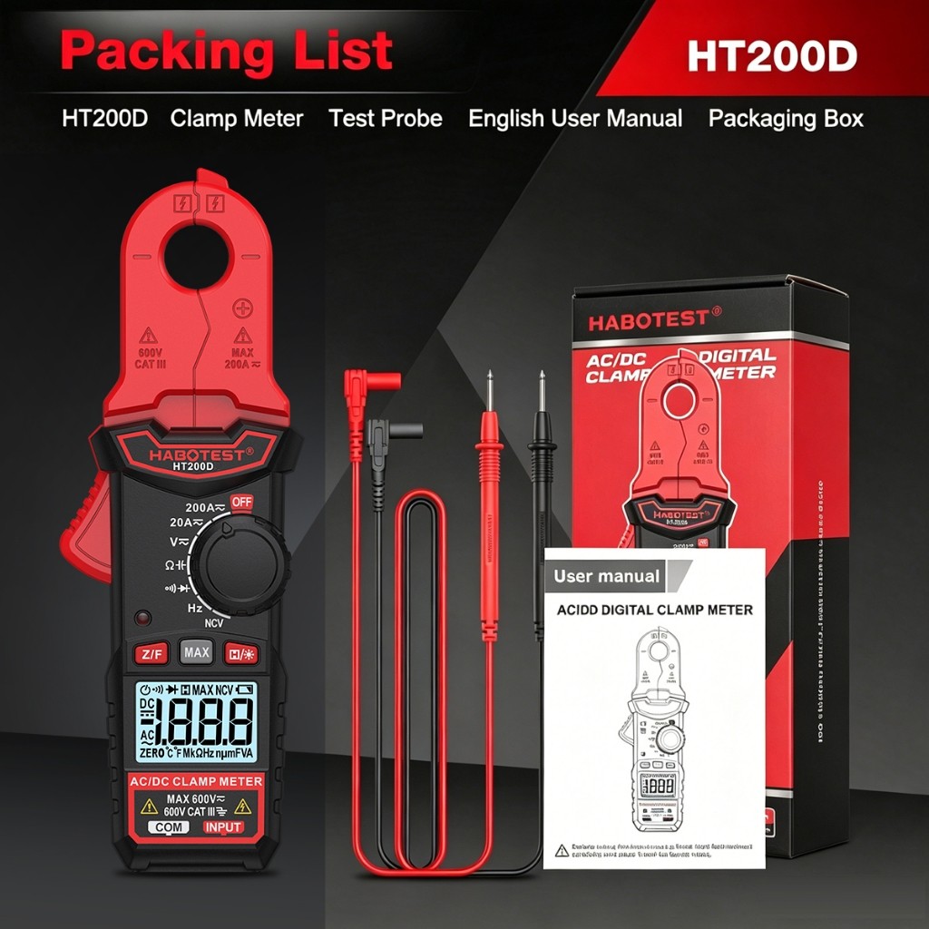 Dòng điện HABOTEST HT200D DC / AC, điện áp, đồng hồ kẹp kỹ thuật số, điện trở đo, điện dung