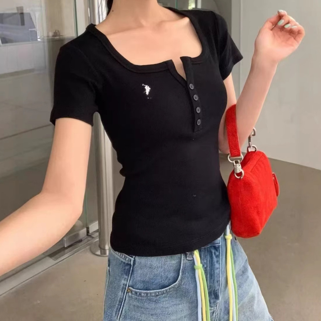 DNWX RL* Simple Solid Color T Henley shirt, short-sleeved, button-decorated, slim-fit top T Shirt