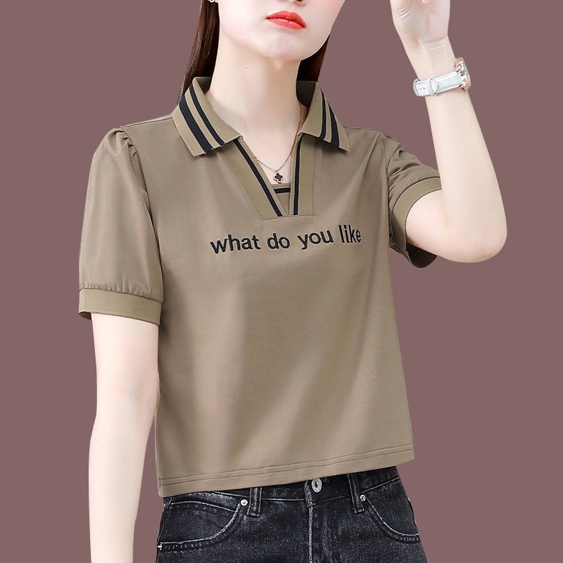polo领短款t恤女士短袖新款设计感洋气减龄小个子上衣 | Women's Short Sleeve Polo Tunic Top New Design Fashionable Age-defying