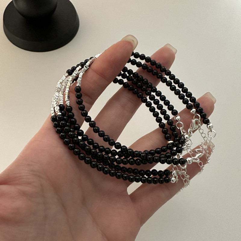 JXKS S925Pure silver black agate and silver fragment bracelet, fashionable and simple jewelry