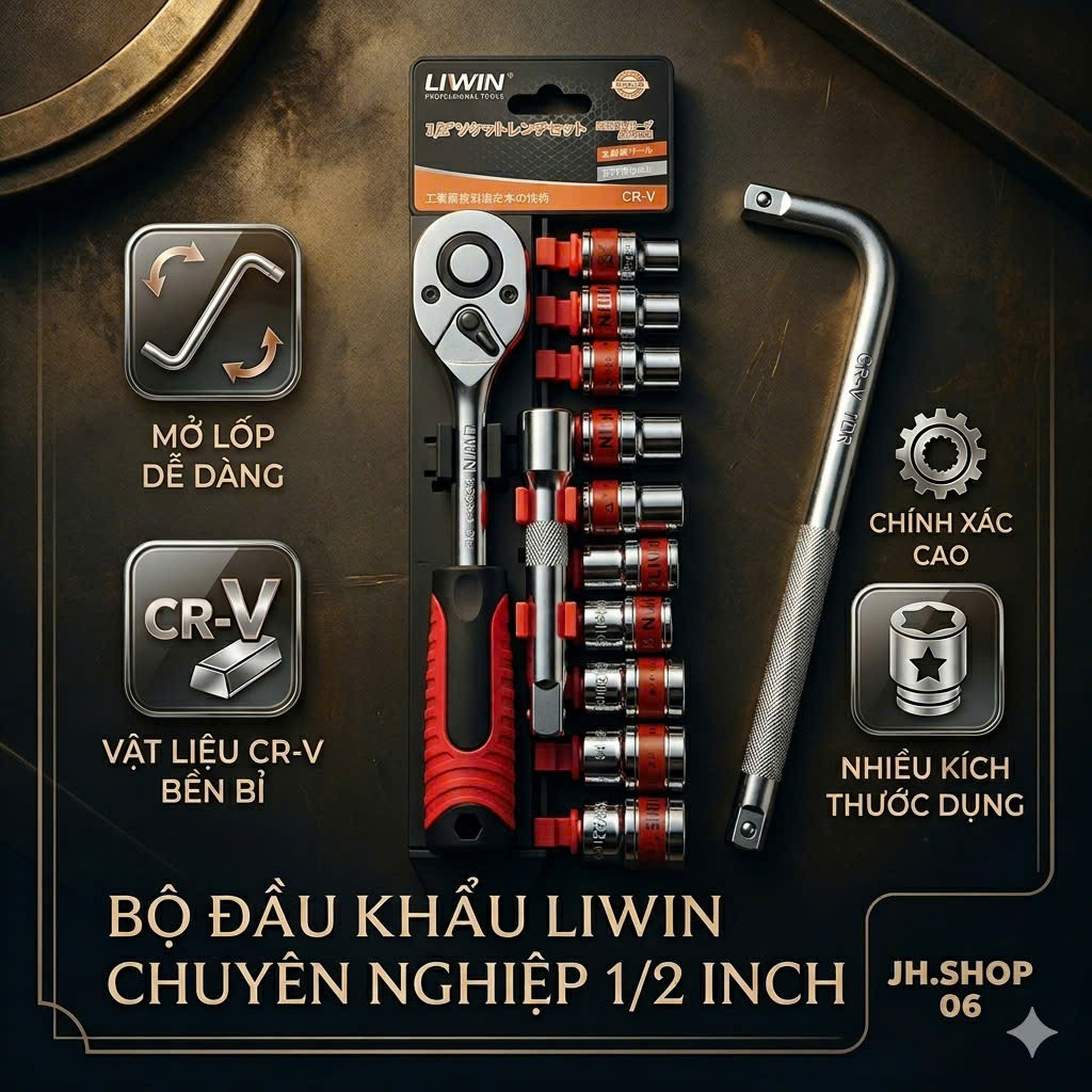 bộ tuýp 1/2 13 chi tiết liwin cần tự động và cần cong L LIWIN thép crv cao cấp không gỉ (8-24mm)