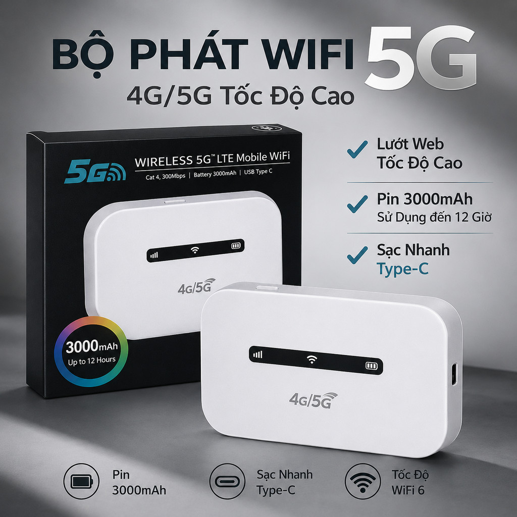 Bộ Phát WiFi 5G Bộ Phát WiFi Di Động Router WiFi 4G 5G Modem WiFi Cầm Tay Pin 3000mAh Type C Cho Du 