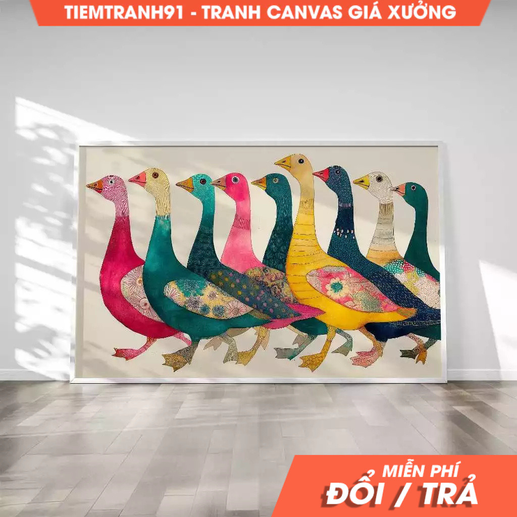 Tranh treo tường, Colorful Goose Parade Print  Abstract Animal Decor Eclectic Farm Animal Funky Post