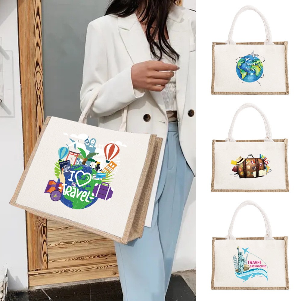 Beach Burlap Tote Bags Travel Print Personalized Bridesmaid Bridal Party Girls Trip Gifts Jute Tote 