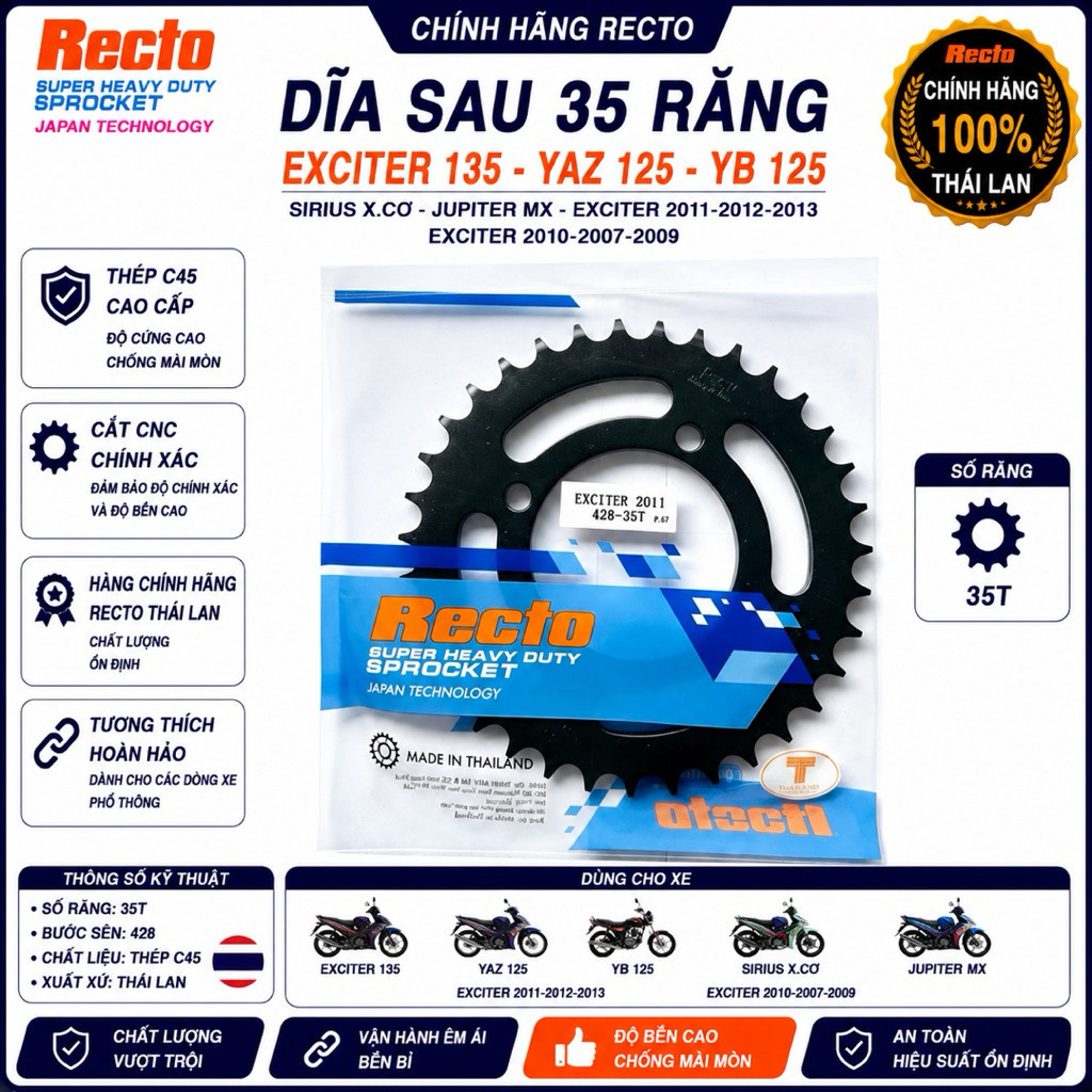 Dĩa Sau 35 Răng Exciter 135,Yaz 125,Yb 125,Sirius x.cơ,Jupiter Mx,Exciter 2011-2012-2013,Exciter 201