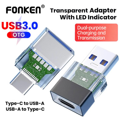 Fonken USB3.0 Bộ chuyển đổi trong suốt OTG có đèn báo LED Type-C / USB Nữ sang USB / Type-C Nam Bộ chuyển đổi cho điện thoại Laptop