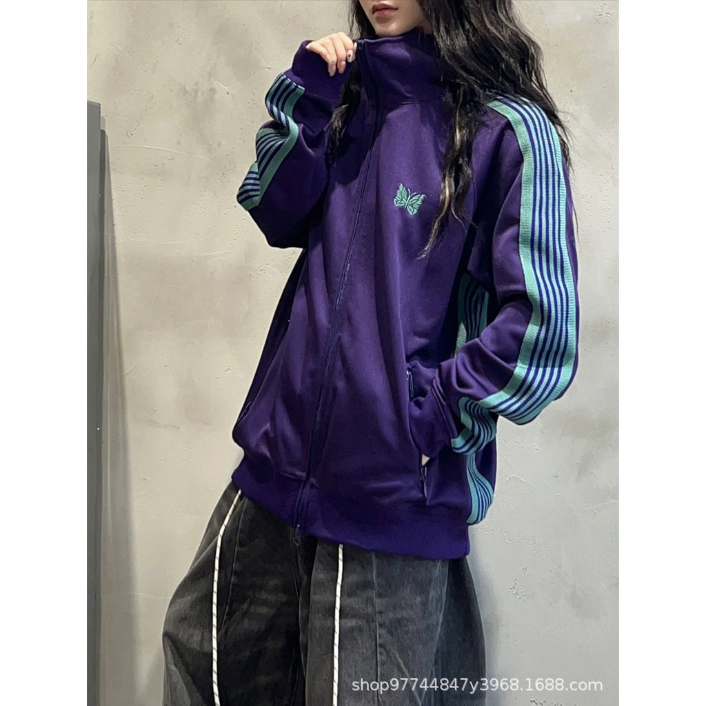 Needles Embroidered unisex loose-fitting trendy stand-up collar wide-tape jacket in purple