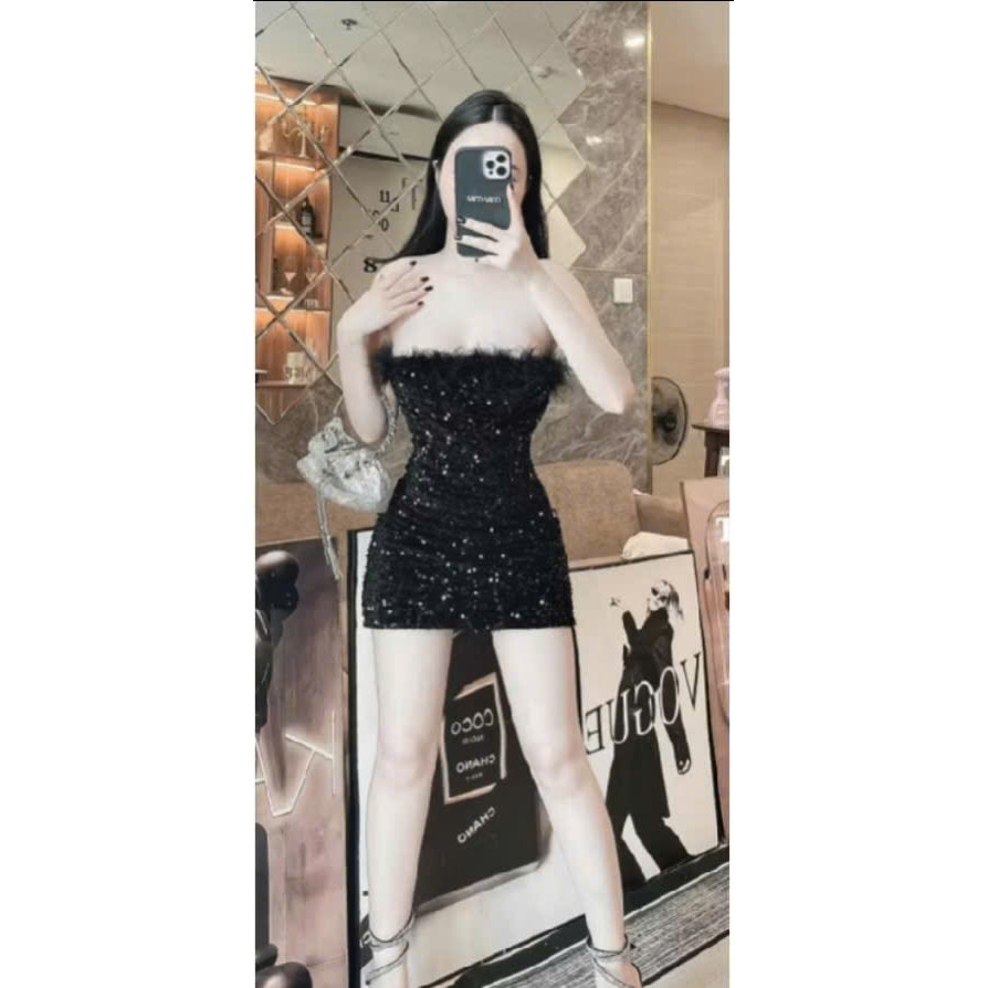 Váy Kim Tuyến Phối Lông Vũ Chanh Sả Party đêm muộn with frendzone over night days