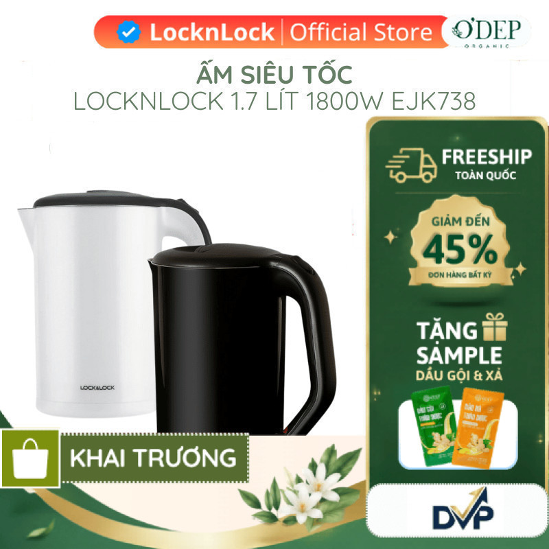 Ấm siêu tốc 1.7L 1800W LocknLock Chính Hãng đun sôi nhanh, lõi Inox chống ăn mòn EJK738BLK - BH 2 NĂ