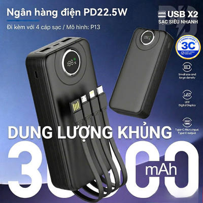 Sạc Dự Phòng 30000mAh Sạc Nhanh 22.5W Tích Hợp 4 Cáp Sạc Kèm Màn Hình LED Hiển Thị Chuẩn 3C Có Đèn Pin Tiện Lợi