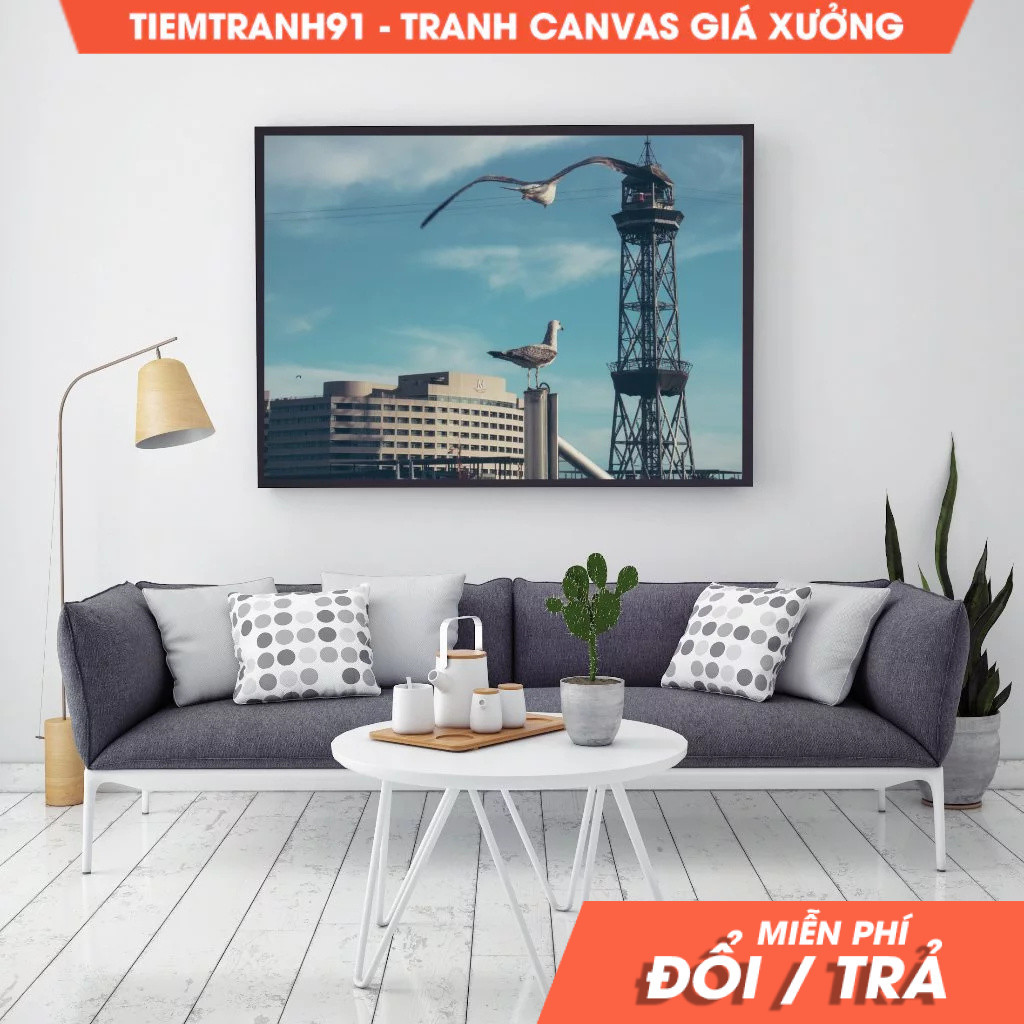Tranh treo tường, Barcelona Poster, Blue Sky Harbour, Seagulls, skyline, Home Decor, tặng kèm đinh t